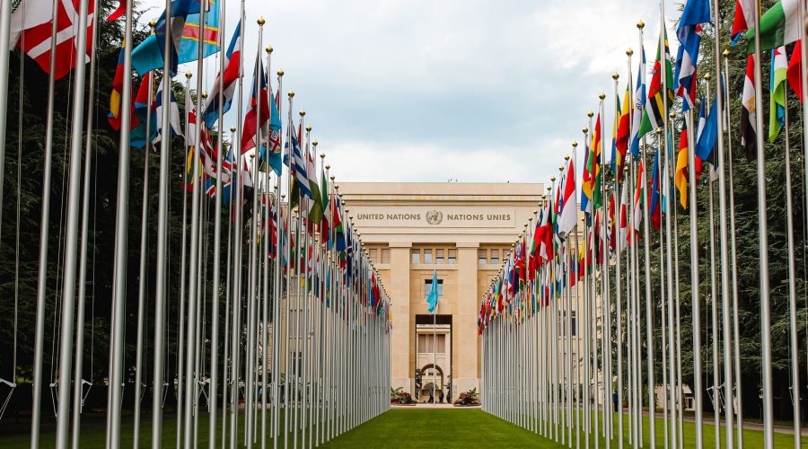 flags on green grass field near brown concrete building during daytime